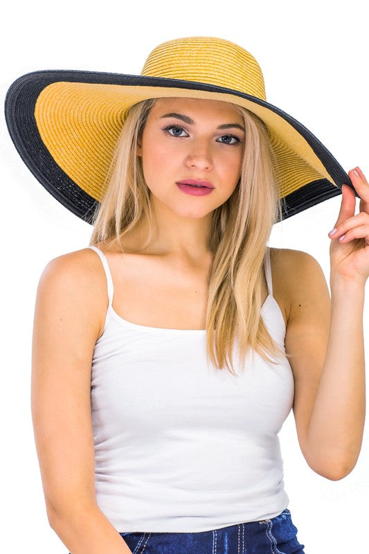 Seaside Breeze Beige Wide Floppy Sun Hat – Blue Stripe Trim