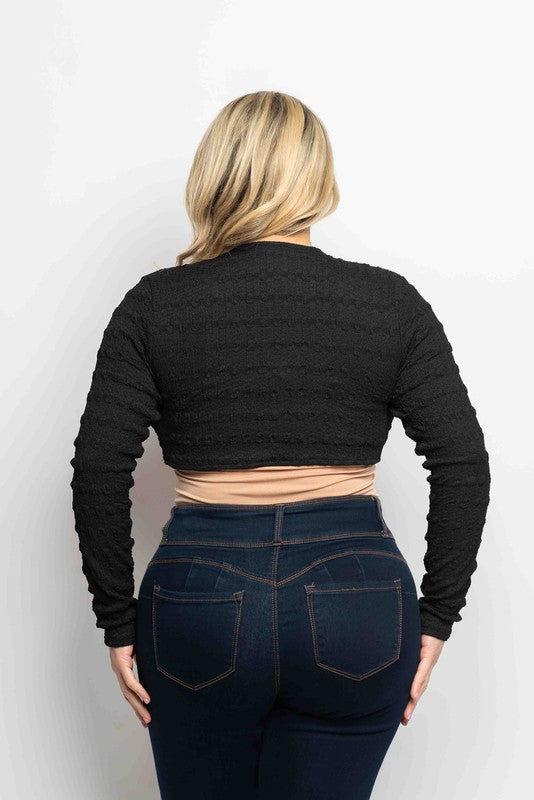 Plus Size Textured Long Sleeve Open Front Cropped Black Cardigan