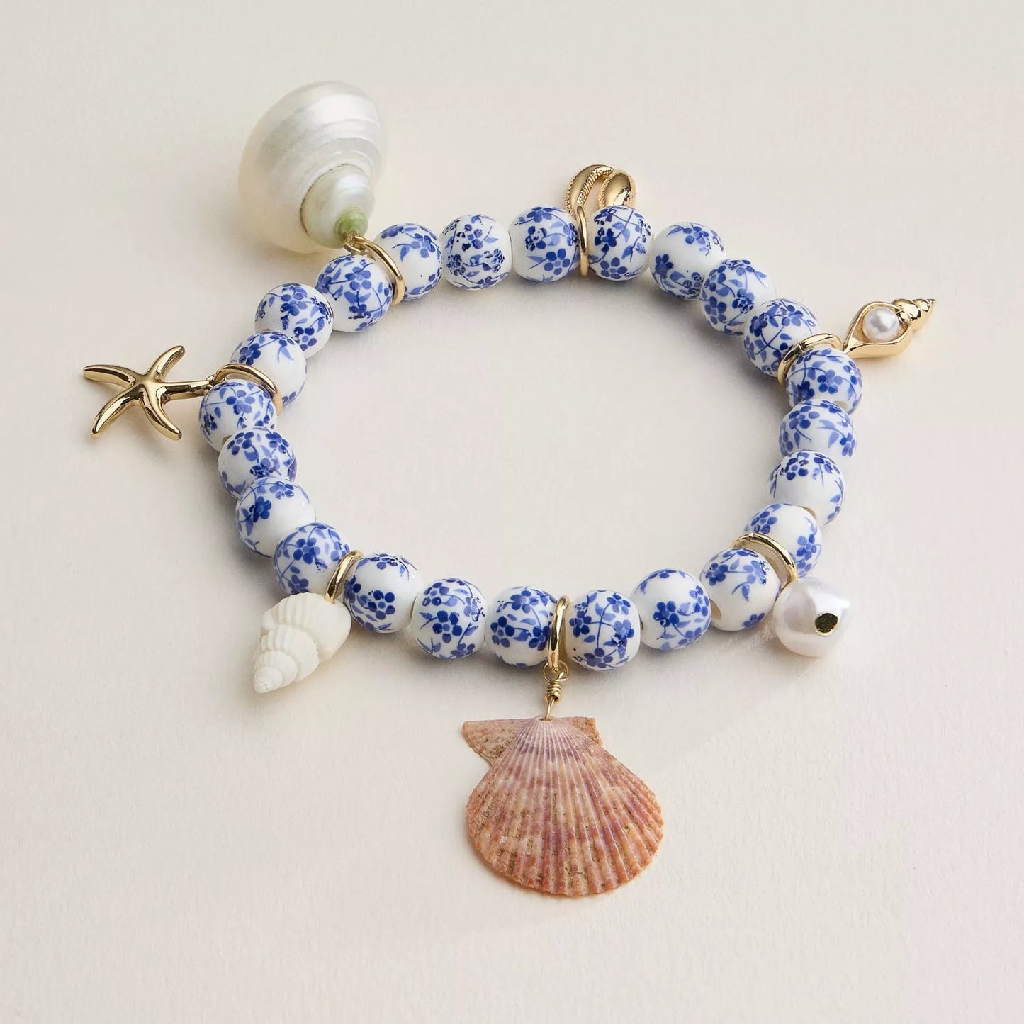 Floral Beaded Seashell Charm Bracelet