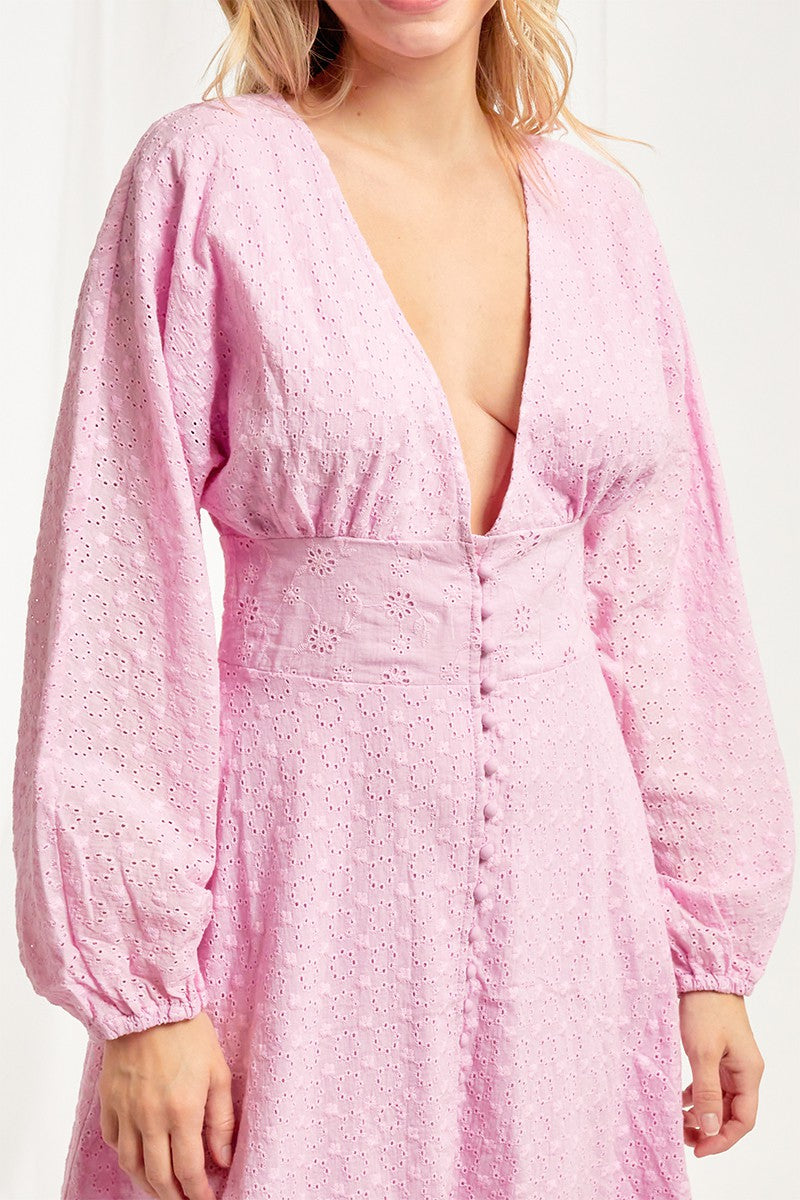 Pink V-Neck High Waisted Lace Dress