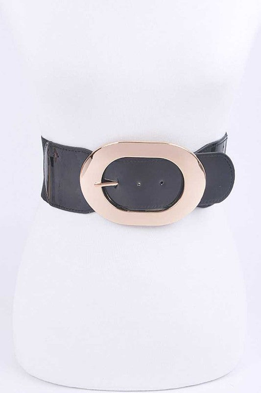 Black Oval Buckle Fashion Elastic Belt – Adjustable Fit, Sleek Design with Polyurethane & Metal Composition