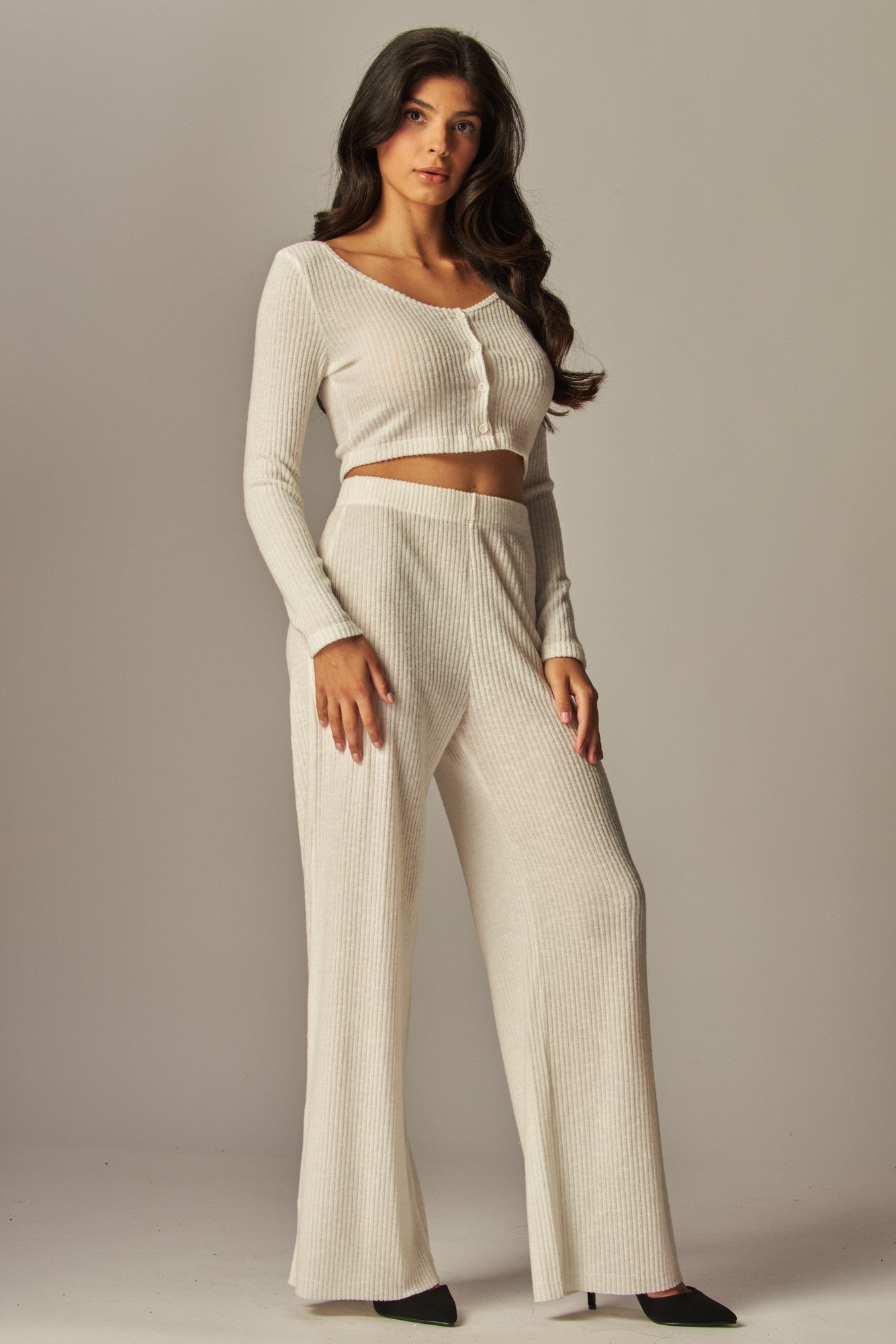 Ribbed Button Down Long Sleeve and Pants Set