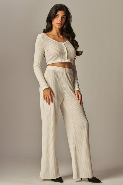 Ribbed Button Down Long Sleeve and Pants Set