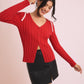Rosy Red V-NECK CARDIGAN WITH BOWS ON SHOULDER