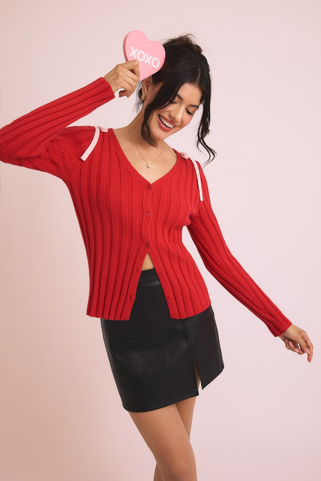Rosy Red V-NECK CARDIGAN WITH BOWS ON SHOULDER