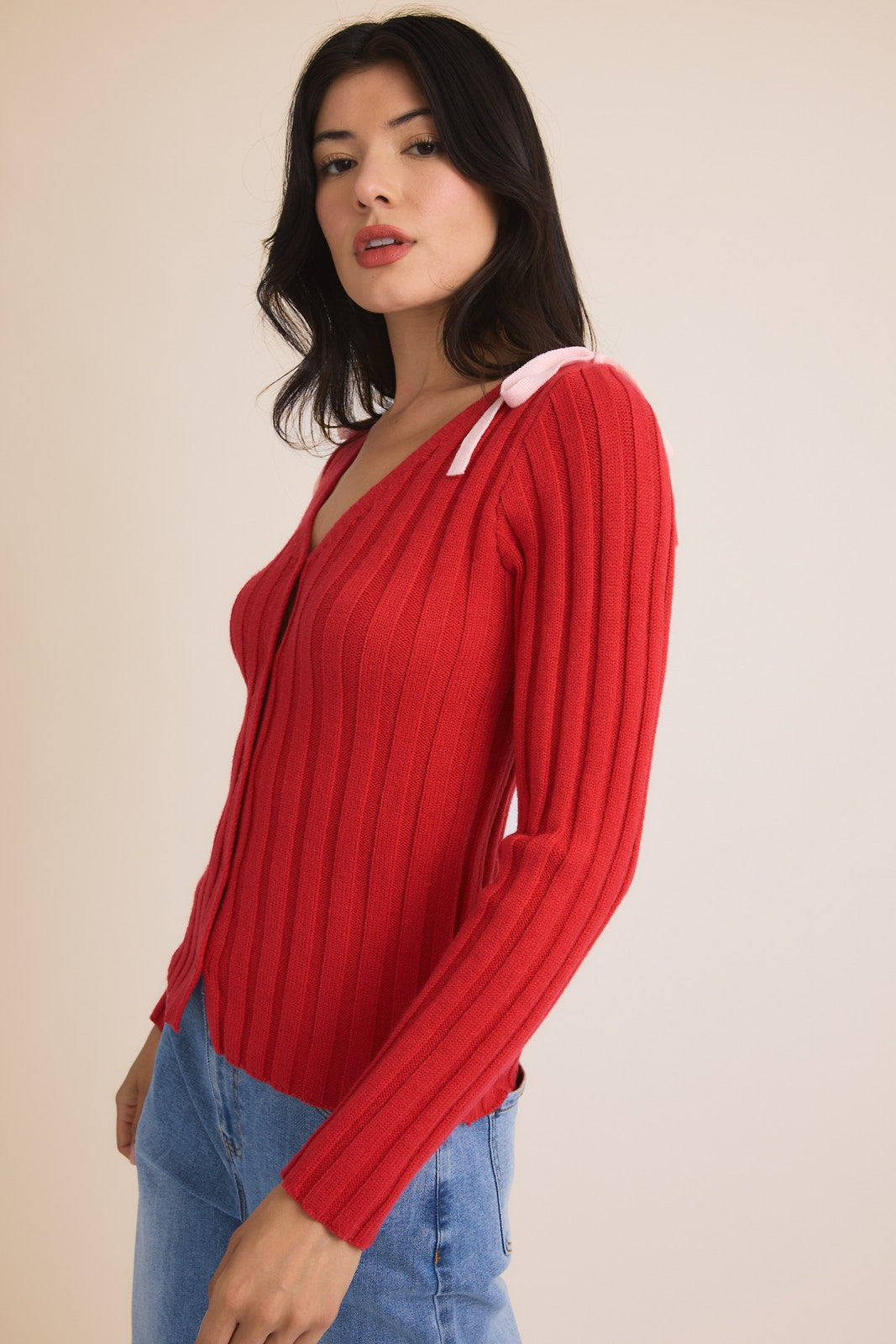 Rosy Red V-NECK CARDIGAN WITH BOWS ON SHOULDER