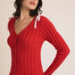 Rosy Red V-NECK CARDIGAN WITH BOWS ON SHOULDER