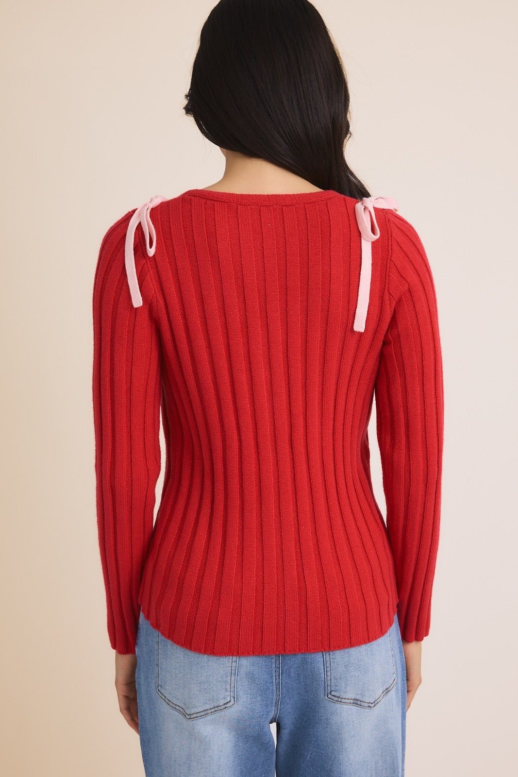 Rosy Red V-NECK CARDIGAN WITH BOWS ON SHOULDER
