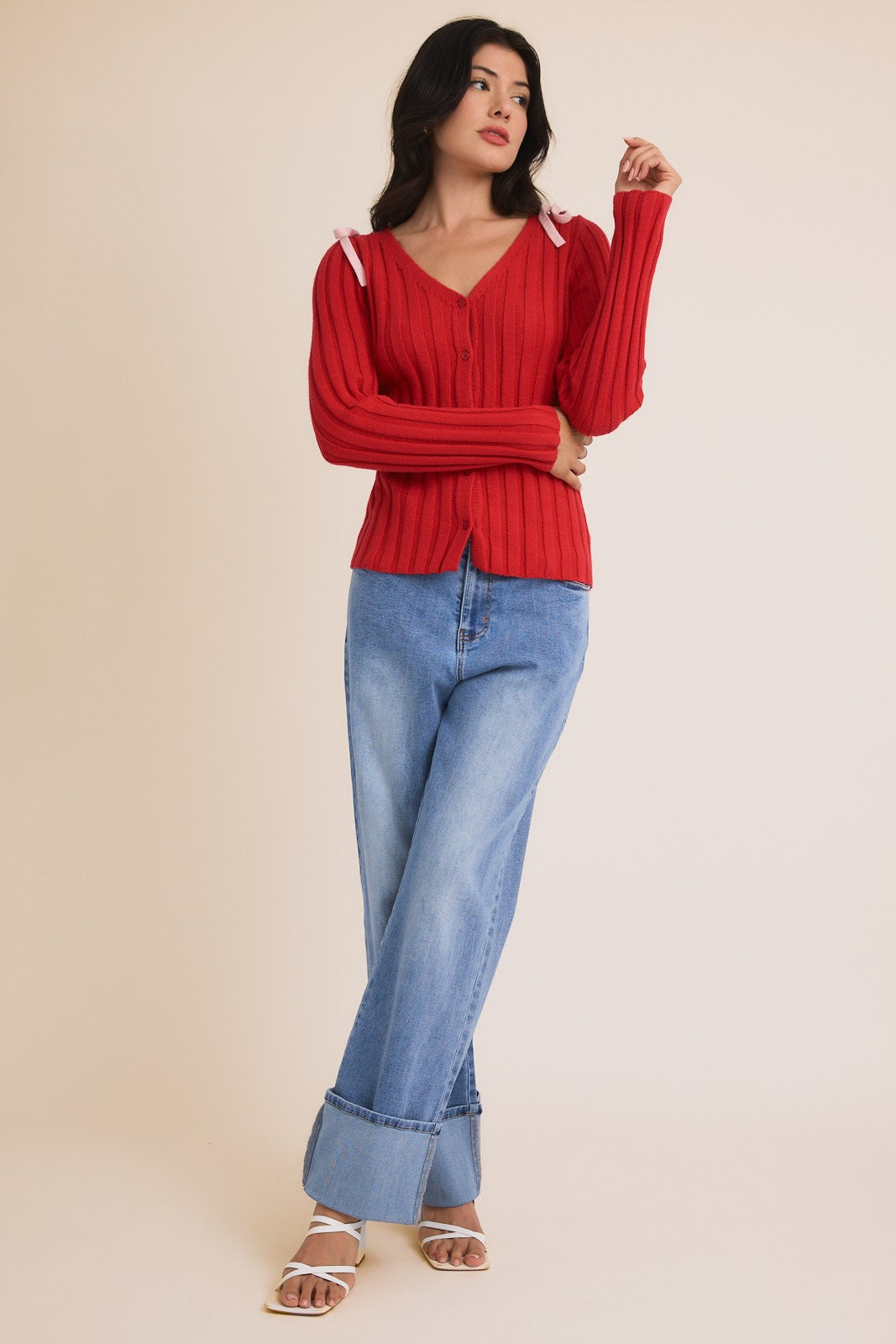 Rosy Red V-NECK CARDIGAN WITH BOWS ON SHOULDER