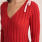 Rosy Red V-NECK CARDIGAN WITH BOWS ON SHOULDER
