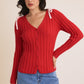 Rosy Red V-NECK CARDIGAN WITH BOWS ON SHOULDER
