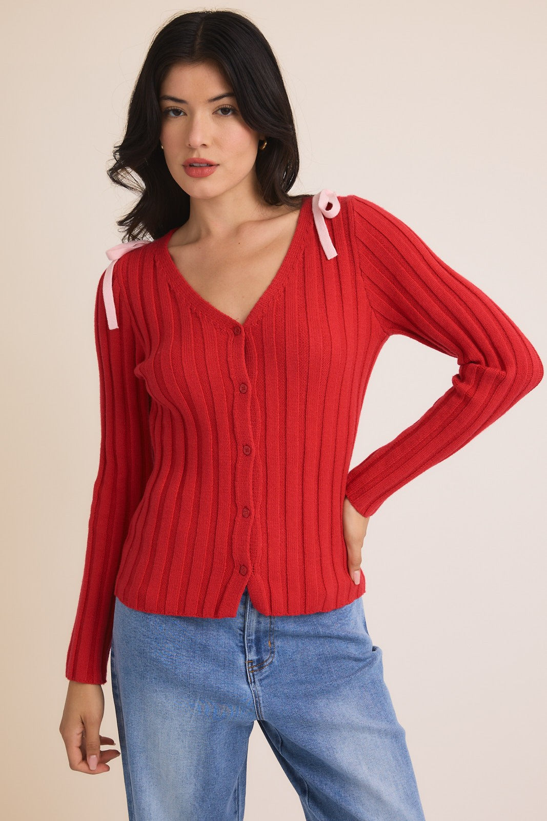 Rosy Red V-NECK CARDIGAN WITH BOWS ON SHOULDER
