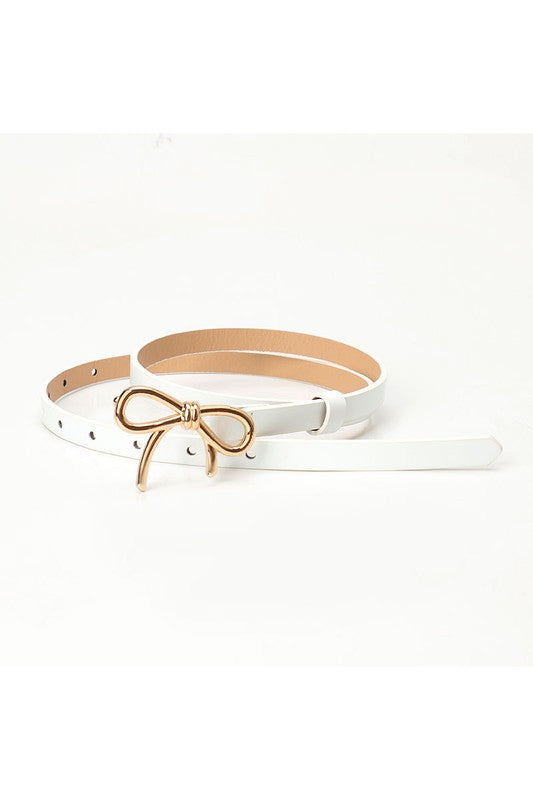 White Bow Buckle Decor Thin PU Belt – Stylish Adjustable Belt with Gold Bow Buckle for Chic Everyday Looks