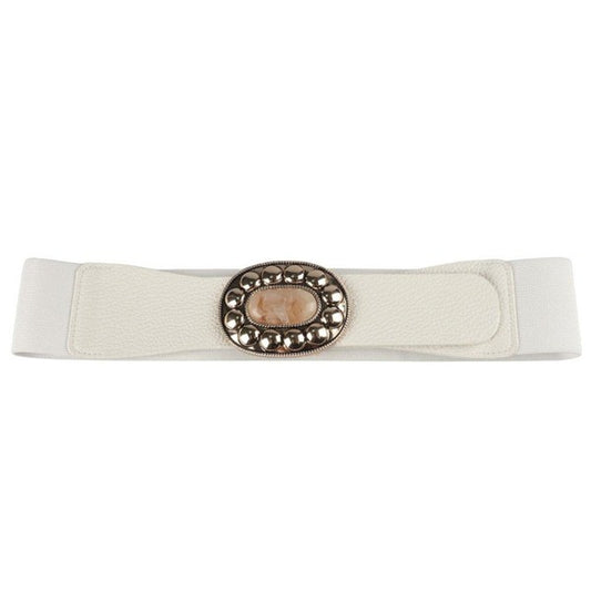 White Oval Stone Buckle Elastic Belt
