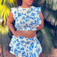 Blue and White Floral Print Pintuck Front Cap Sleeve Crop Top