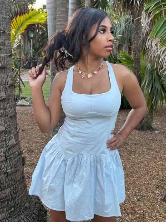 Square Neck Blue Mini Dress