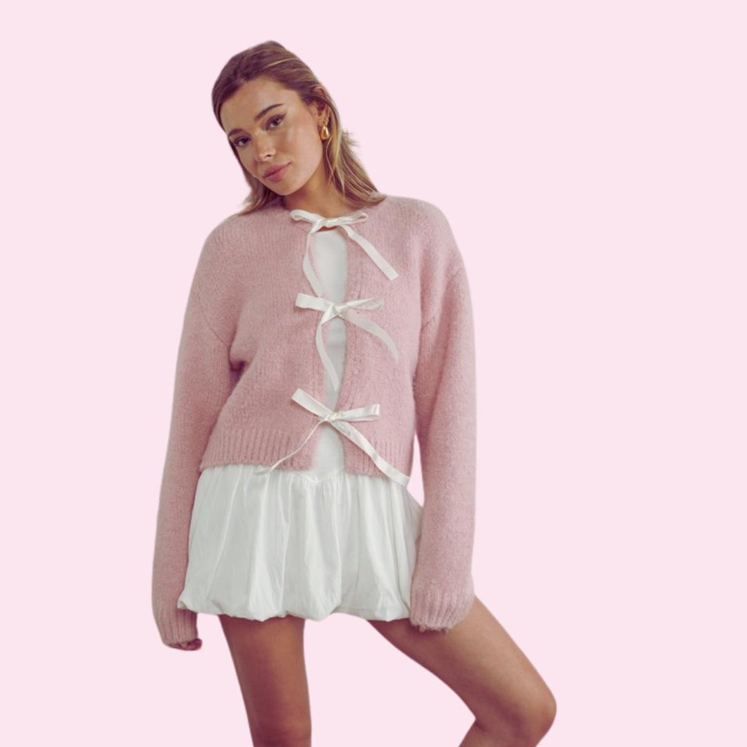 Adult satin bow cardigan featuring delicate bow accents, perfect for layering and adding a feminine touch to casual or dressy outfits.