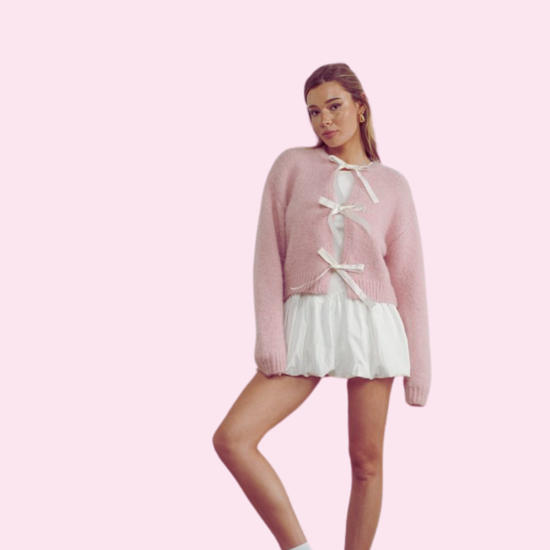 Adult satin bow cardigan featuring delicate bow accents, perfect for layering and adding a feminine touch to casual or dressy outfits.