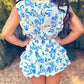 Blue and White Floral Print Pintuck Front Cap Sleeve Crop Top