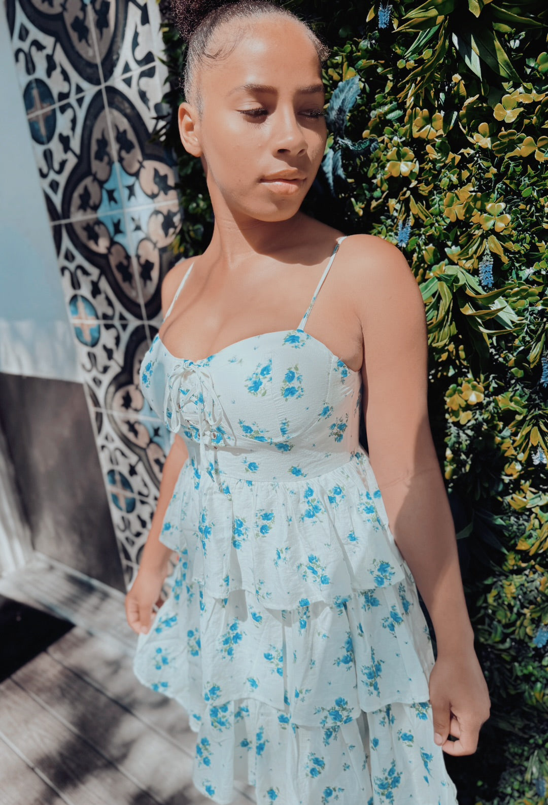 Bluedress Floral Front Lace-Up Ruffle Tiered Mini Dress