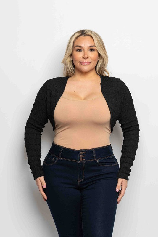 Plus Size Textured Long Sleeve Open Front Cropped Black Cardigan
