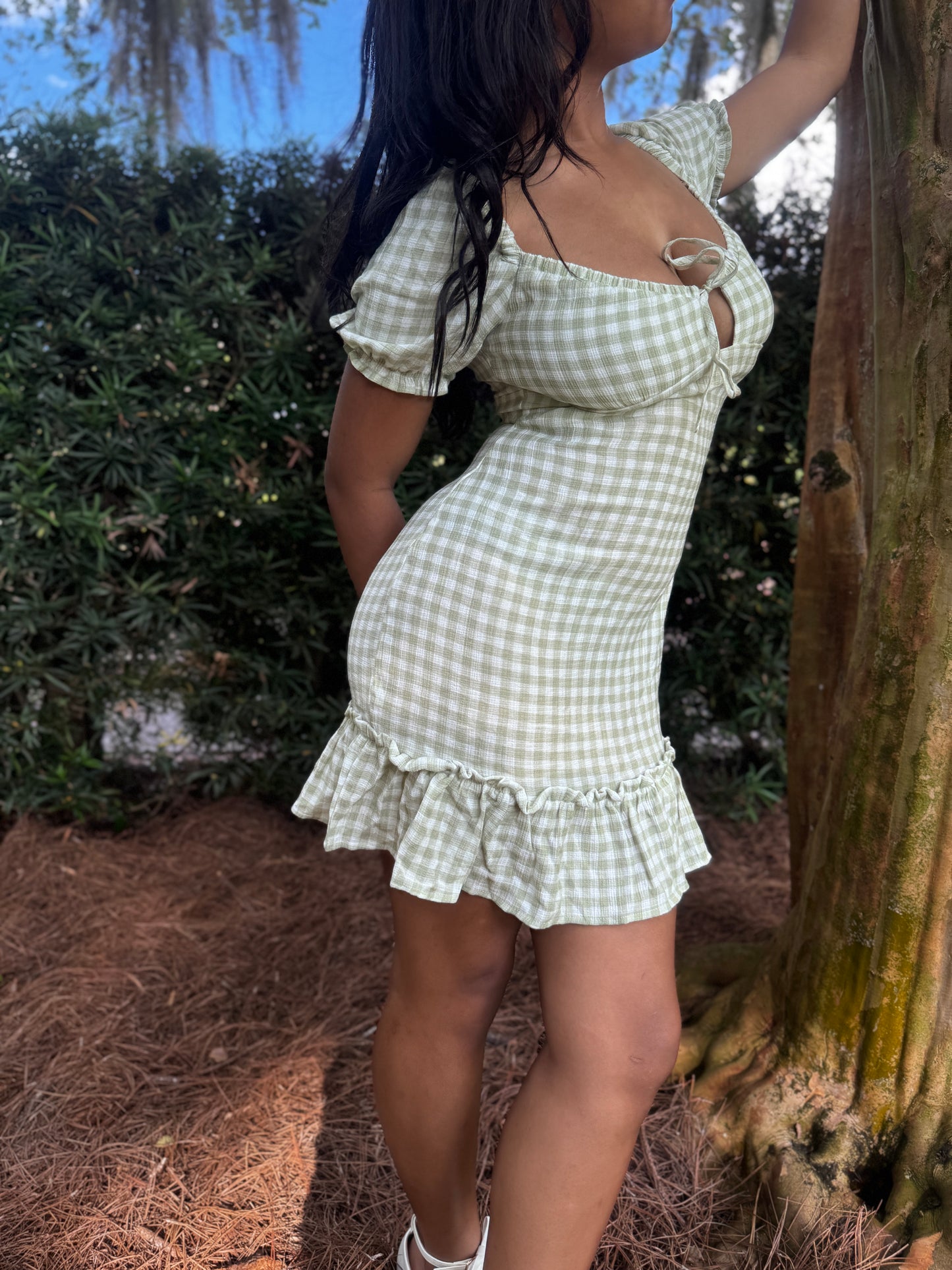 Checker Printed Front Tie Gingham Ruffle Dress