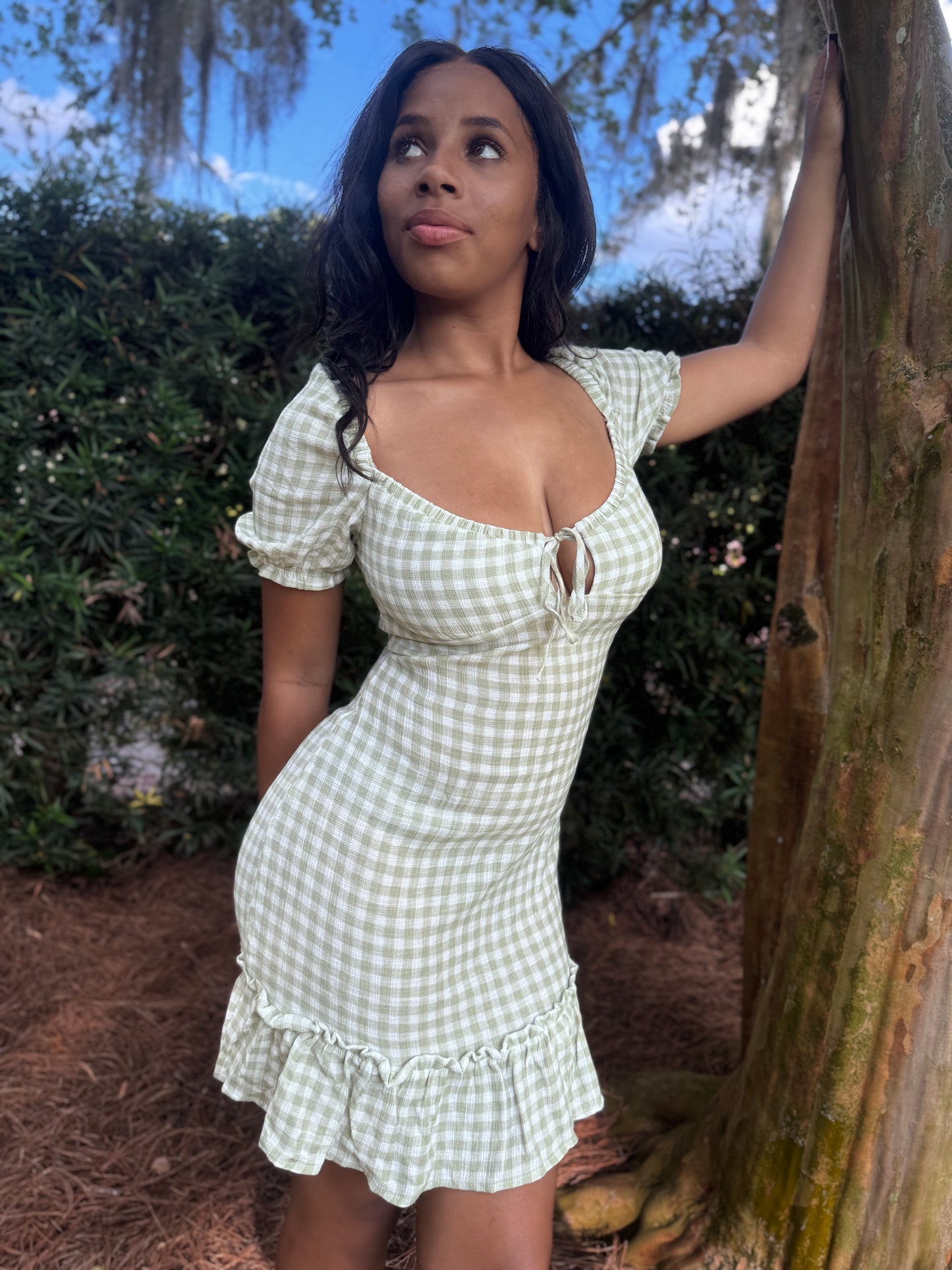 Checker Printed Front Tie Gingham Ruffle Dress