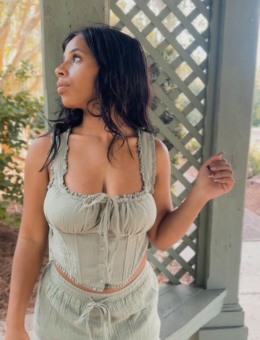 Garden Whispers Lace Trim Corset & Mini Skort Set – Sage