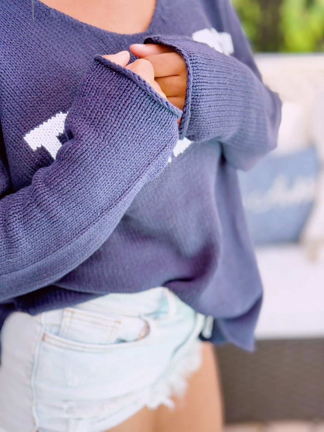 Lightweight Navy Blue Beach Saying Knit V-Neck Sweater Top