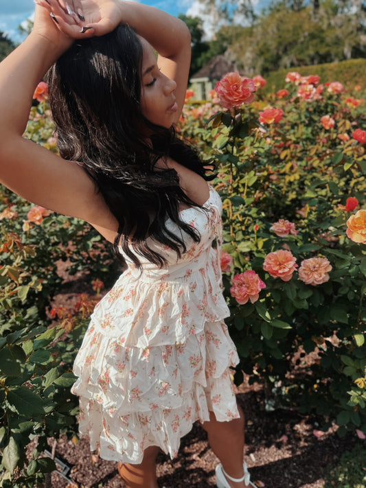 Coral Floral Front Lace-Up Ruffle Tiered Mini Dress