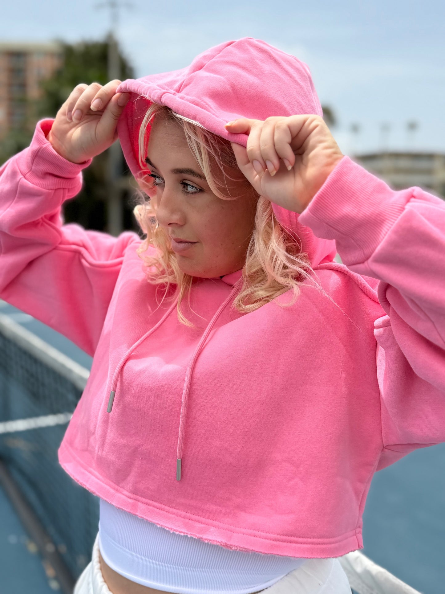 Pink Crop Hooded Sweatshirt