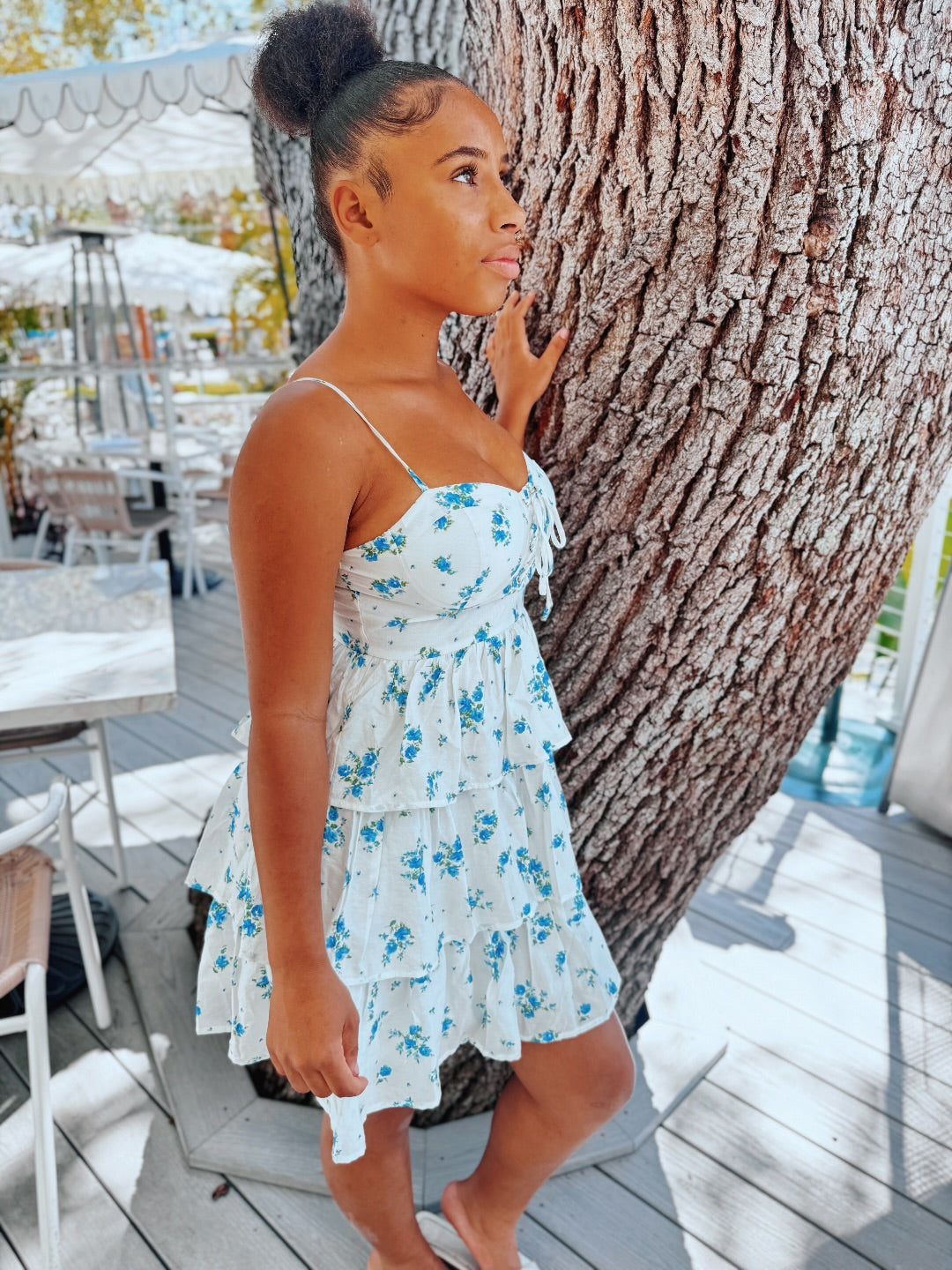 Bluedress Floral Front Lace-Up Ruffle Tiered Mini Dress