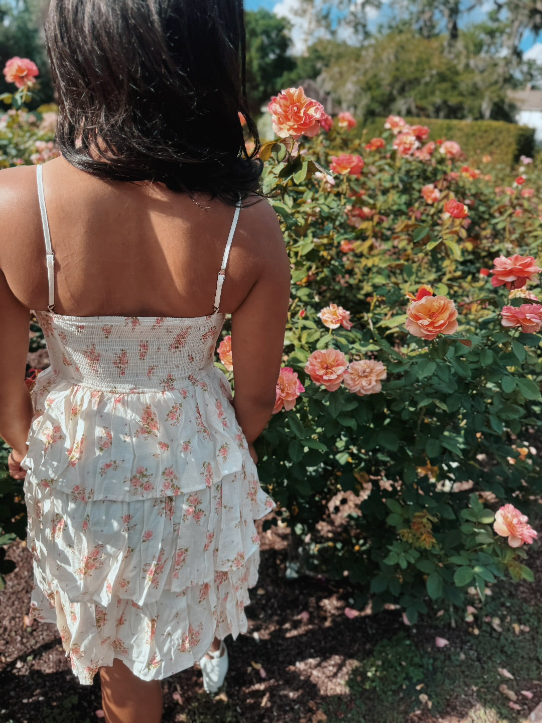 Coral Floral Front Lace-Up Ruffle Tiered Mini Dress