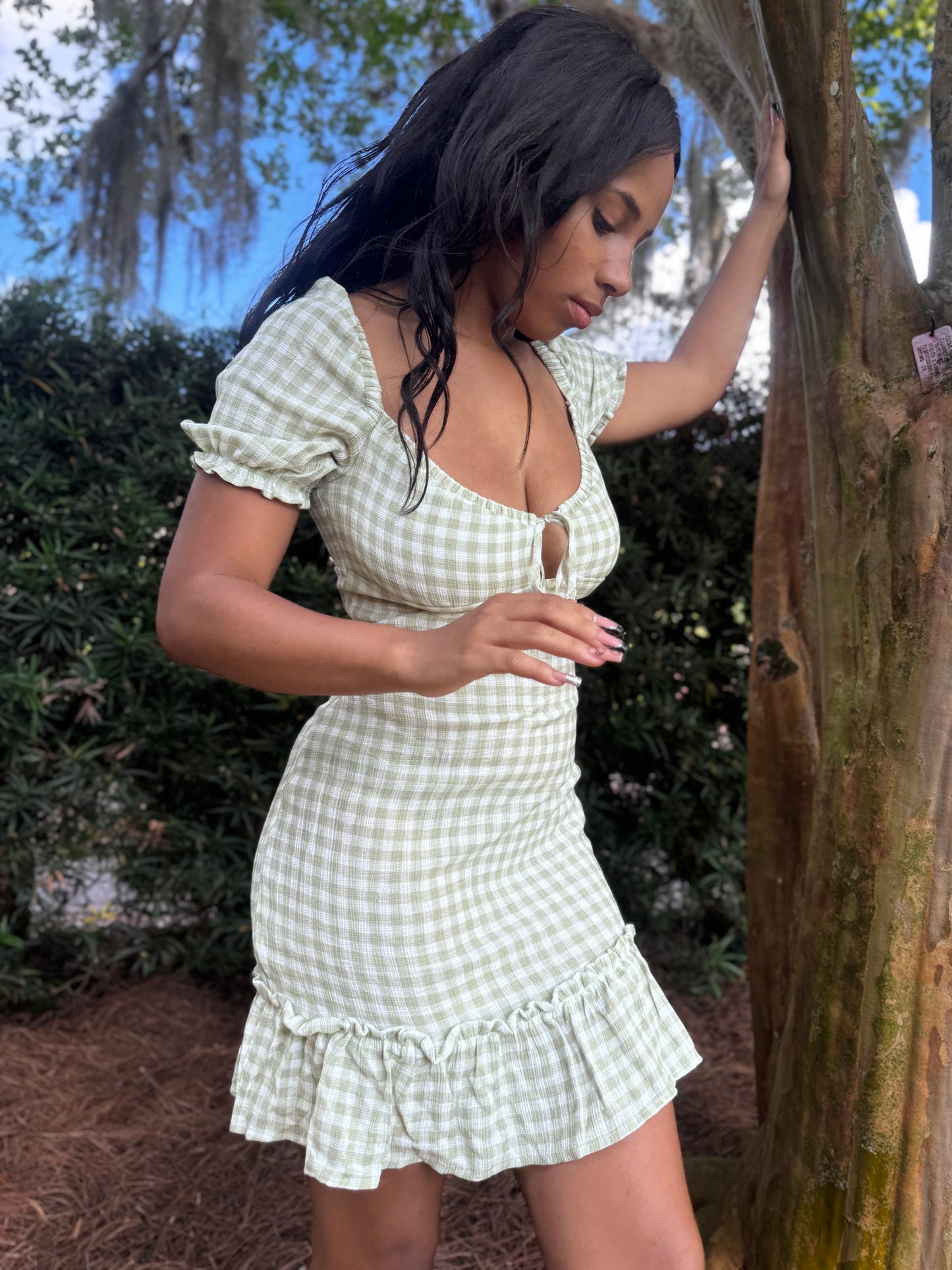 Checker Printed Front Tie Gingham Ruffle Dress