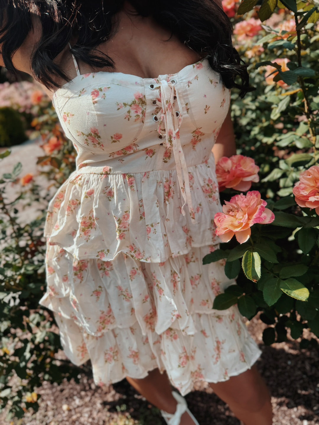 Coral Floral Front Lace-Up Ruffle Tiered Mini Dress