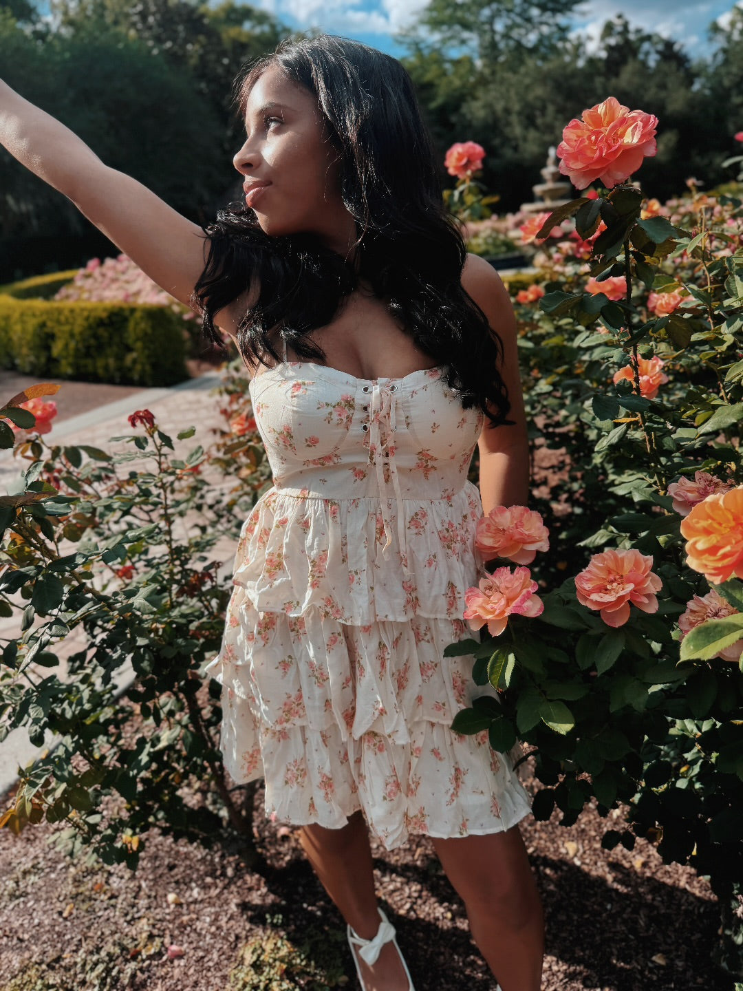 Coral Floral Front Lace-Up Ruffle Tiered Mini Dress