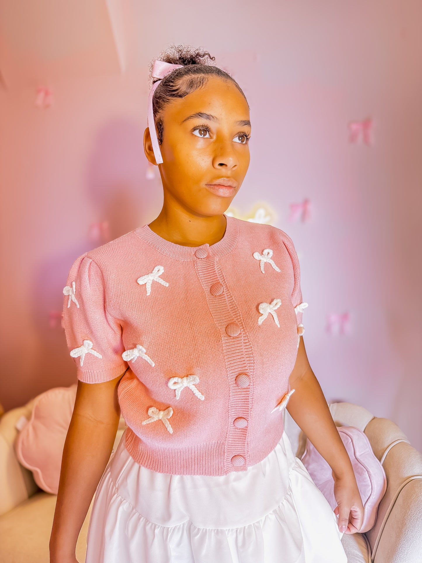 Mini Bow Surprise Crewneck Cardigan