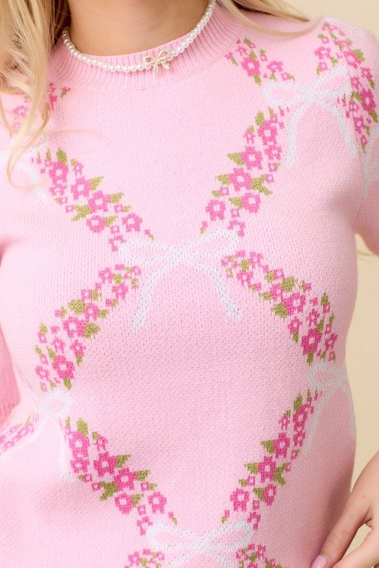 Ribbon Print Floral Knit Top