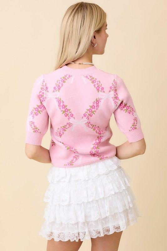 Ribbon Print Floral Knit Top