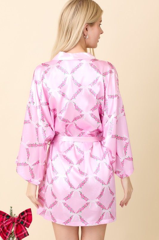 Pink Satin Robe With Flower Print