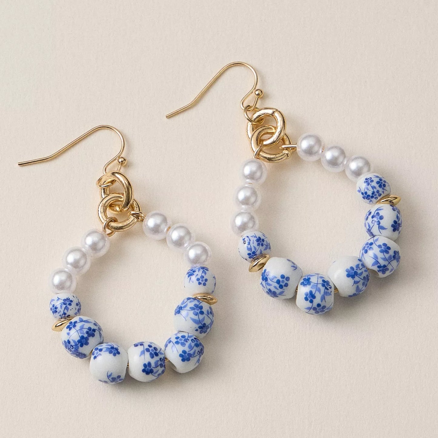 Blue Floral Ceramic Hoop Earrings