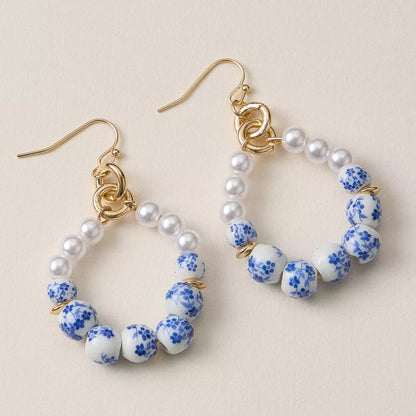 Blue Floral Ceramic Hoop Earrings